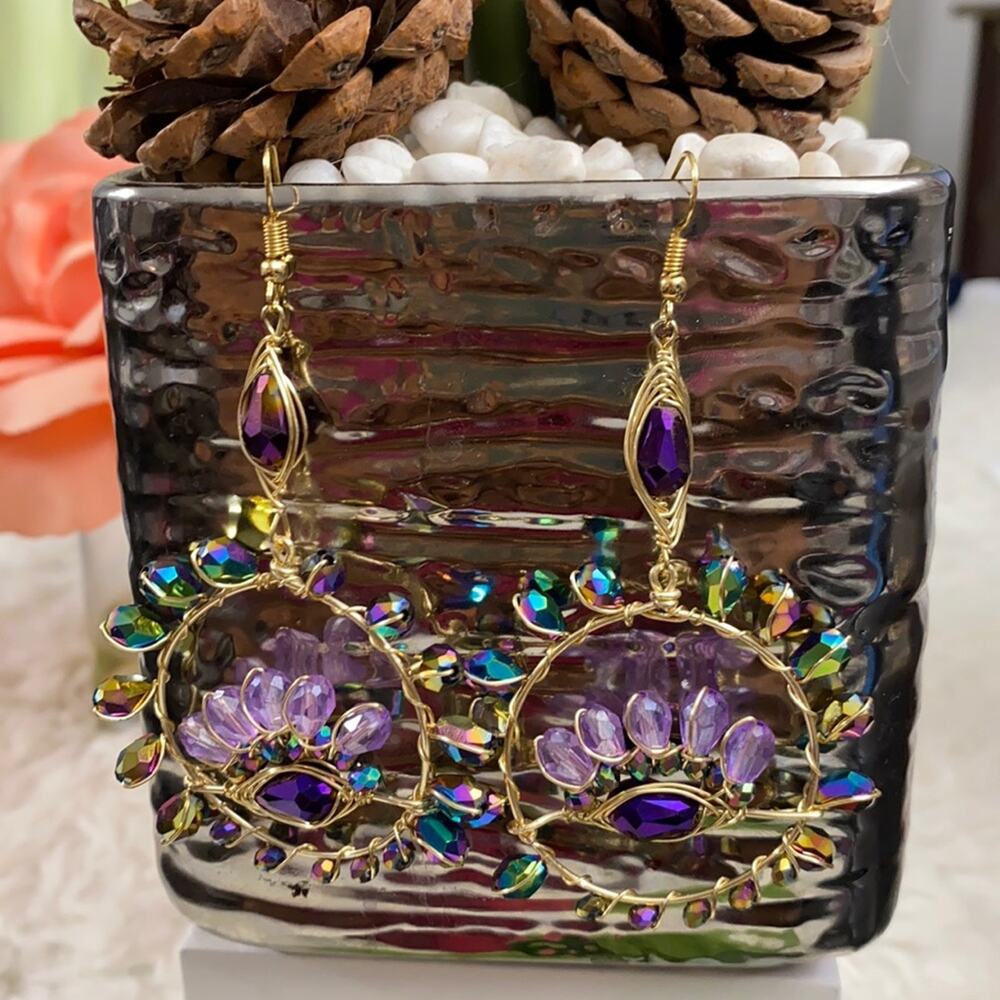 Oro Laminado 3.5" Purple Wire Handmade Earrings Heart Mexican Jewelry
